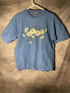 Oneita Super Heavyweight T Shirt XL Blue Floral Daisy Graphic Single Stitch 90s